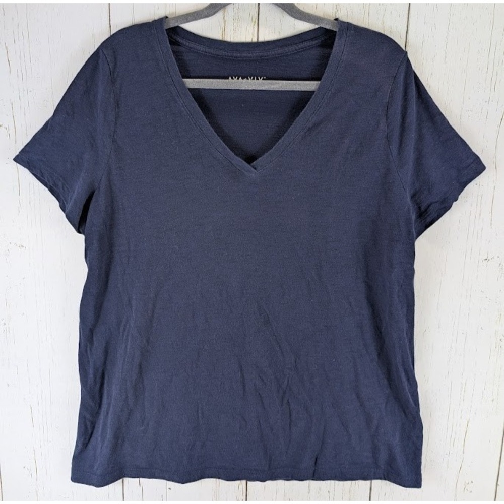 Ava Viv Size 1X Dark Blue V Neck Womens‎ Short Sleeve Casual Top